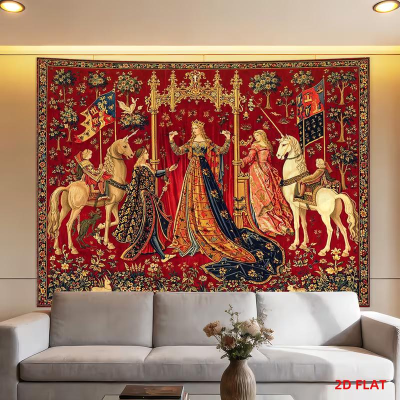Arazzo Medievale Floreale Rosso 2D Scena di Corte con Unicorno Appeso a Parete