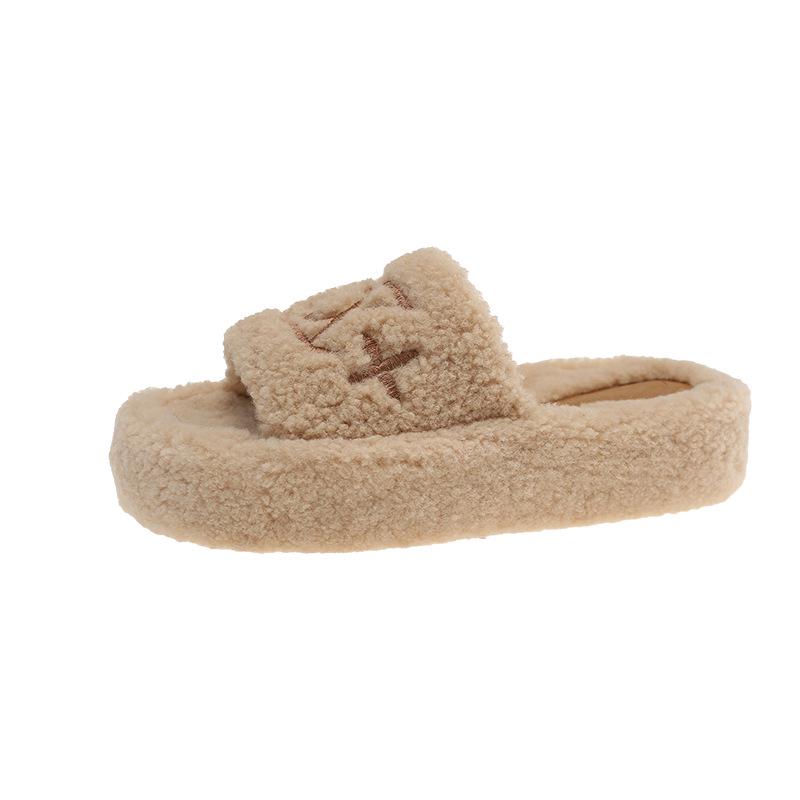 

Пушистые хлопковые тапочки в корейском стиле для женщин: Трендовая плоская подошва, толстая подошва на все сезоны, издание Осень 2025. 38 грязно-белый