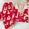 Vintage Cartoon Bear Letter Ice Silk Pajamas Set Short Sleeve Sleepwear Women