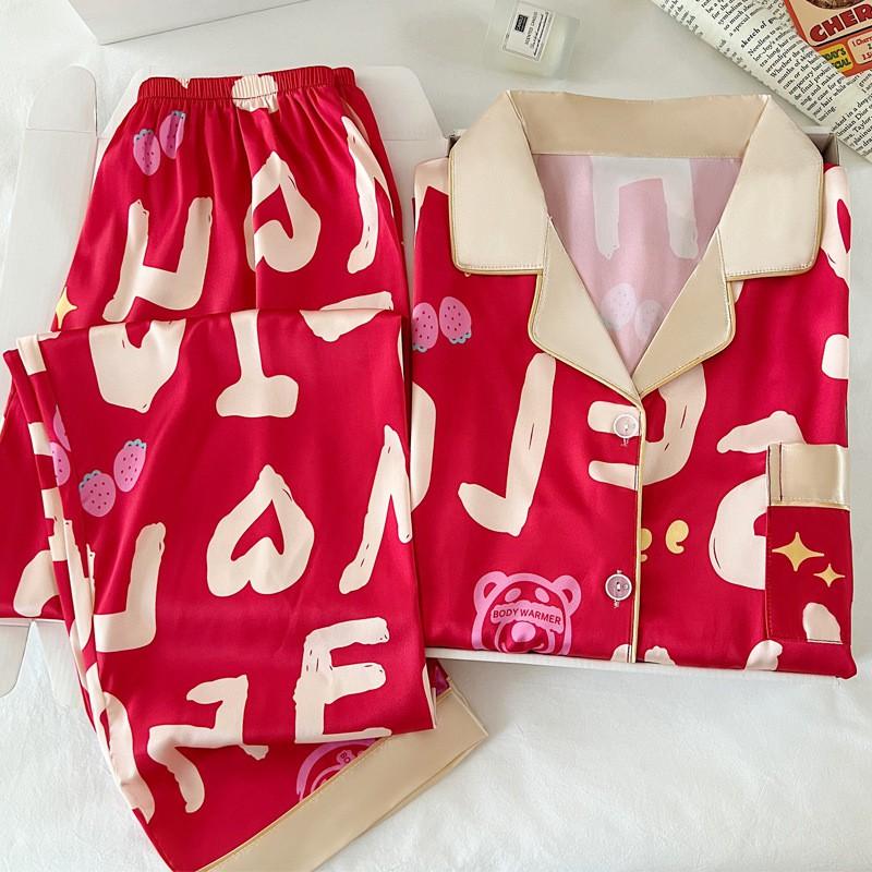 Vintage Cartoon Bear Letter Ice Silk Pajamas Set Short Sleeve Sleepwear Women