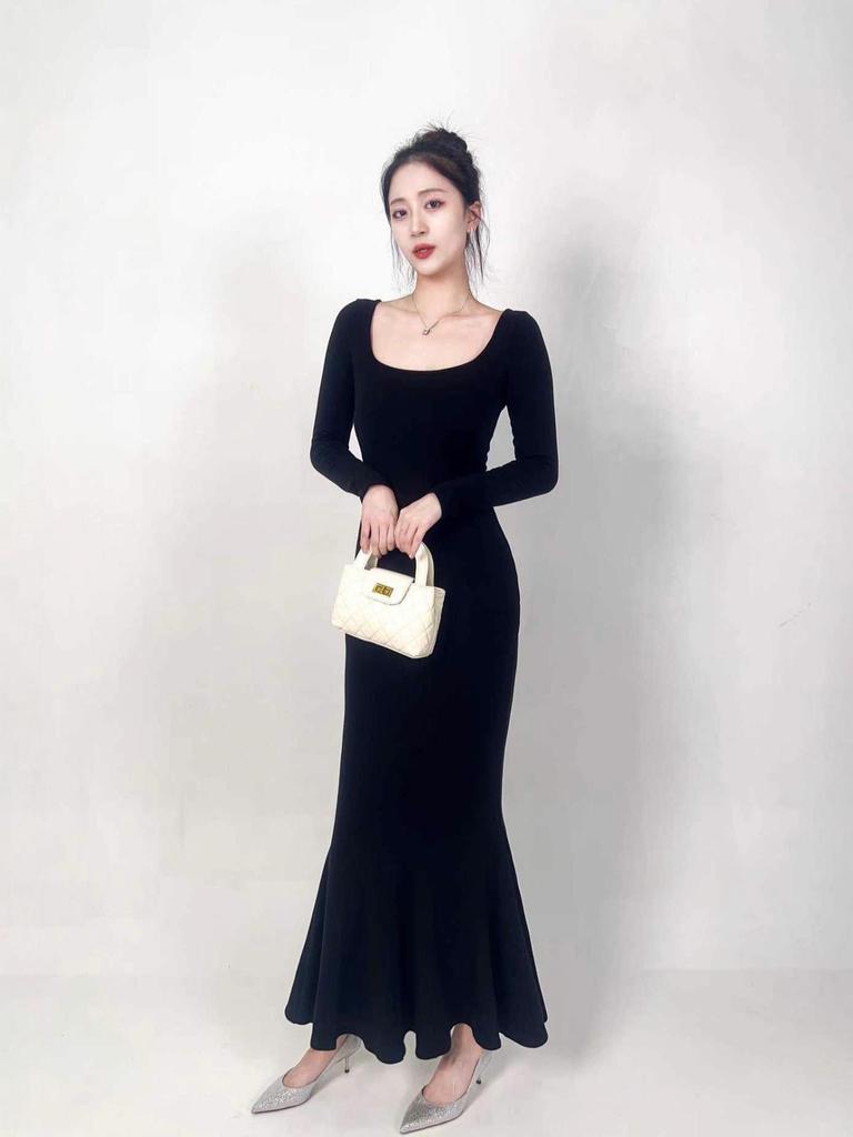 Elegant Black German Velvet Fishtail Evening Dress, Warm & Versatile, Wide Collar, Slim Fit High-End Design