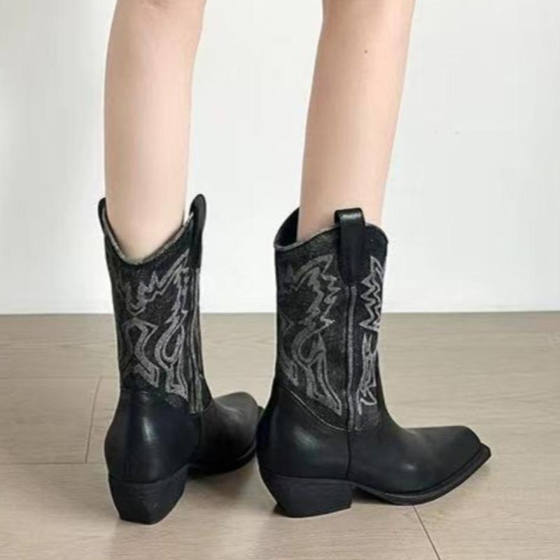 

Fashion Women s 2025 Summer New Western Cowboy Boots Vintage Knight Pointed Toe Embroidered Booties 35 чёрный