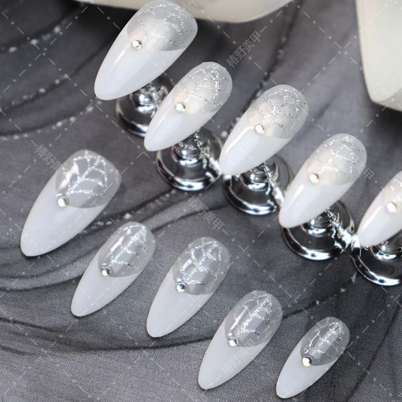 Handmade Press-On Nails White French Almond Shape With Rhinestones Line Design Women Halloween Party