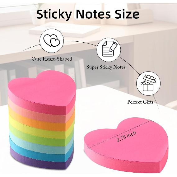 Heart Sticky Notes 8 Colors 100 Sheets/Pad, 800 Sheets Colorful Self-Stick Note Pads Stationary Cute Desk Accessories Office School Teacher Supplies