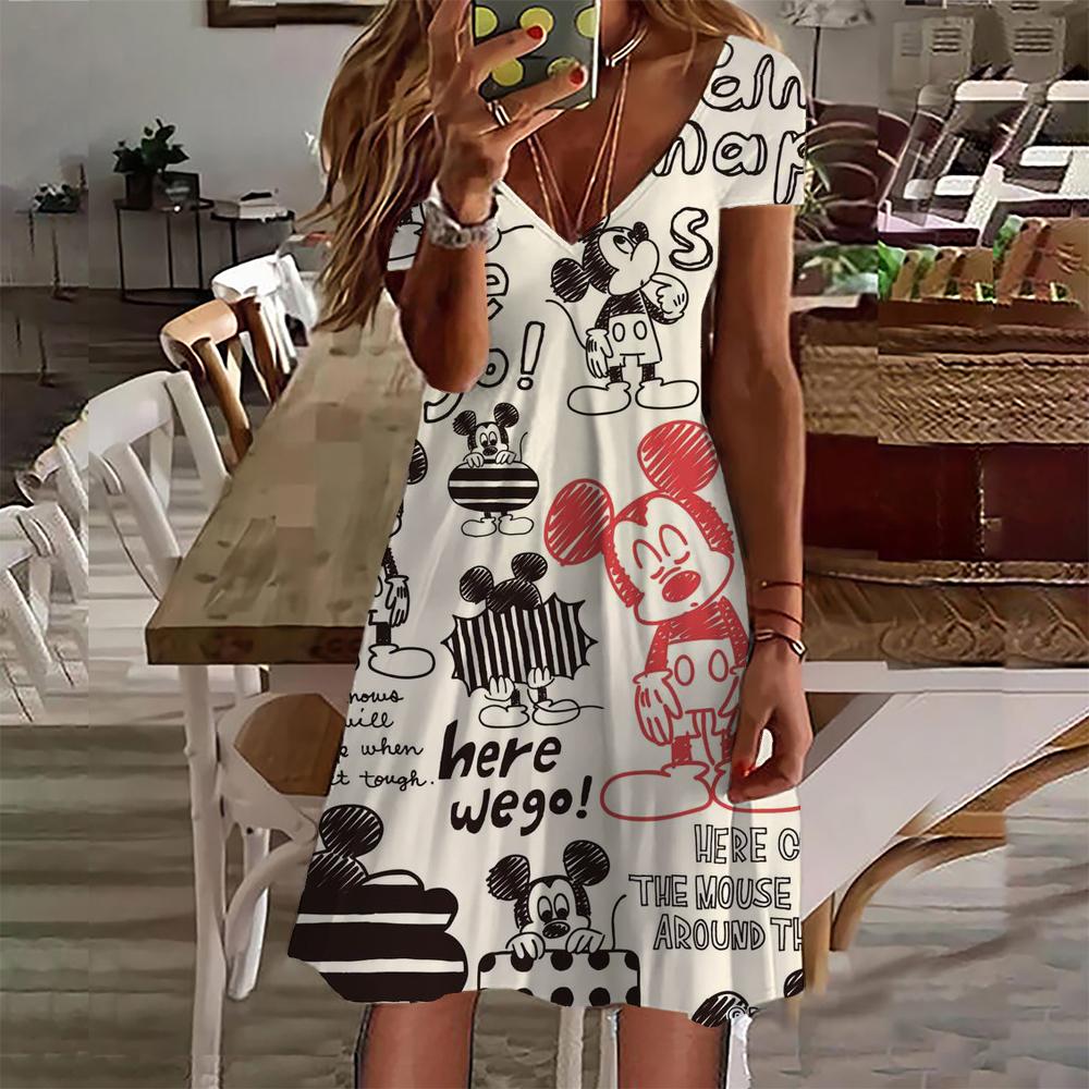 

Новые летние платья 2024 года для женщин с принтом Микки Мауса в стиле Диснея, женская одежда, повседневное платье в стиле ретро с коротким рукавом, свободное платье больших размеров 3XL