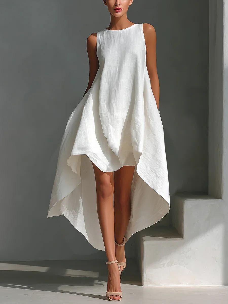 2026 European and American women s clothing, loose dress, white sleeveless and elegant, holiday style S