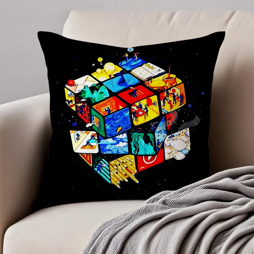 Creative Magic Cube Puzzle Design Art Cushion Cover Pillowcase Antidustmite Invisible Zipper Short Plush Sofa Cushion