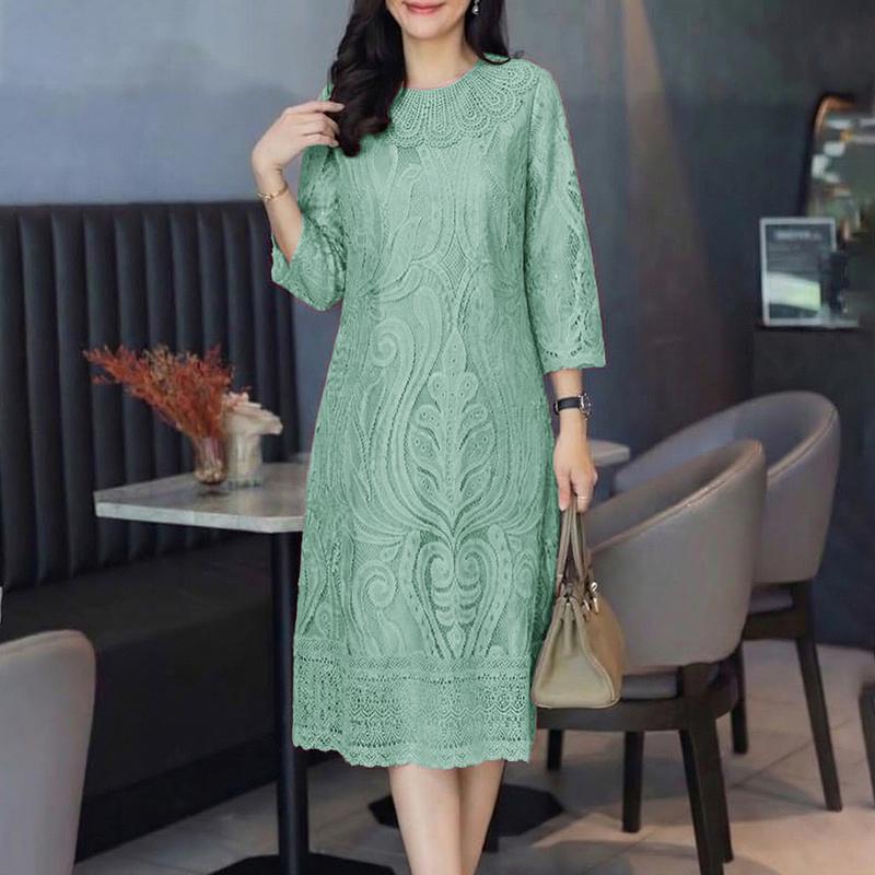 ZANZEA Women Casual Round Neck 3/4 Sleeve Patchwork Lace Sheath Dress