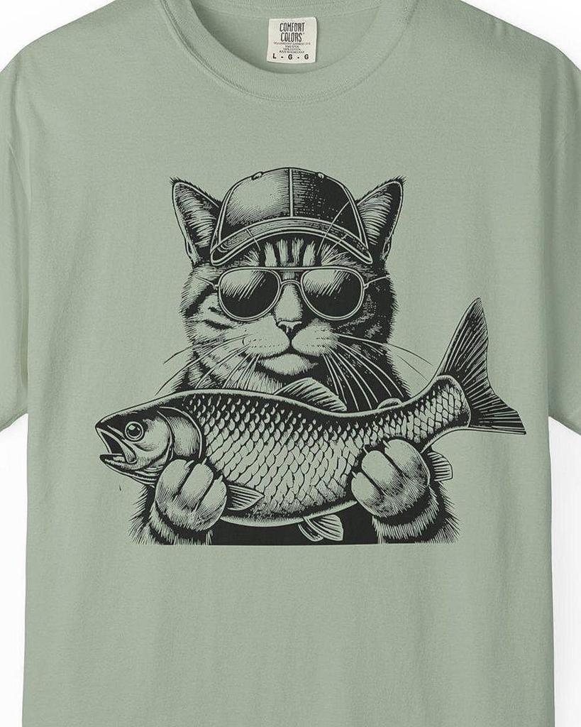 Funny Fishing Cat Comfort Colors T-Shirt: Angler Humor Apparel