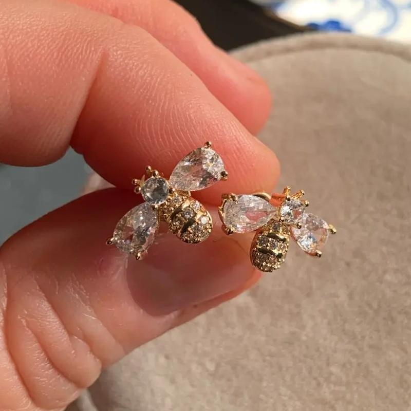 Luxury Golden Zircon Bee Stud Earrings for Women Cute Small Crystal Rhinestone Animal Insect Honeybee Earring Fashion Jewellry