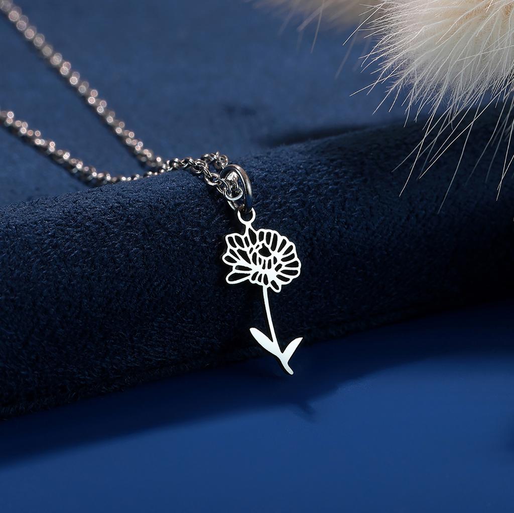 Kinitial Birth Flower Necklaces For Women Girls Stainless Steel 12 Month Flower Necklaces Birthday Jewelry Gift