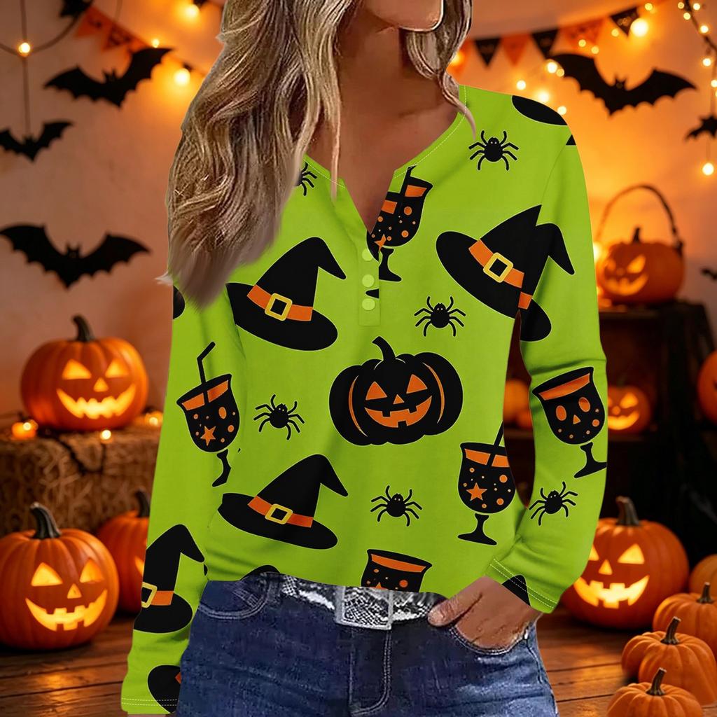 Women's Long Sleeve V Neck T Shirt Halloween Print Button Detail Casual Fashion Top Slim Fit Stretchy Fabric Comfortable Wear