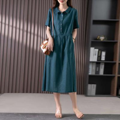 Summer Artistic Loose Splicing Solid Color Cotton Hemp Collar Short Sleeve Dress for Women Medium To Long