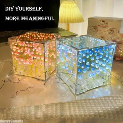 Handmade Tulip Nightlight DIY Material Cube Tulip Mirror Bedroom Decor Atmosphere Lamp Valentine's Day Birthday Gift
