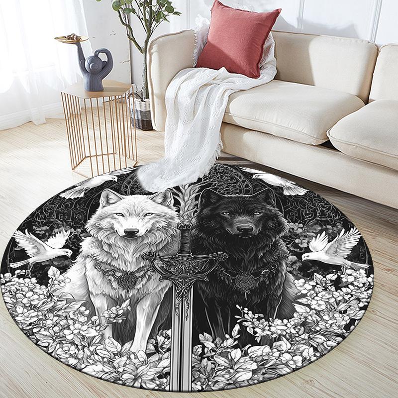

Black and White Wolf,Round Area Rug,Carpet Rug for Living Room Bedroom Sofa Playroom Decor,Non-slip Floor Mat 80cmx80cm