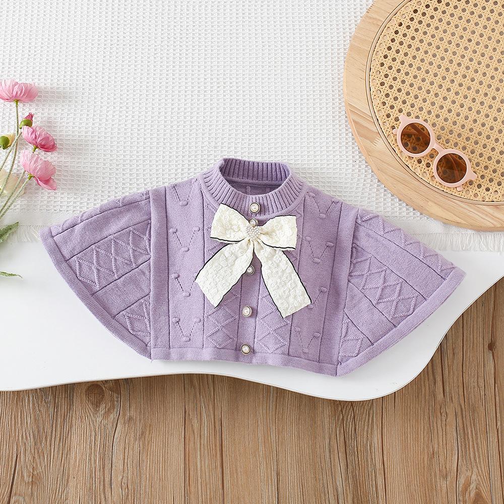 2025 New Autumn Korean Style Cape Knit Dress 2 Piece for Kids Clothing Set Bowknot Long Sleeve Dress Set