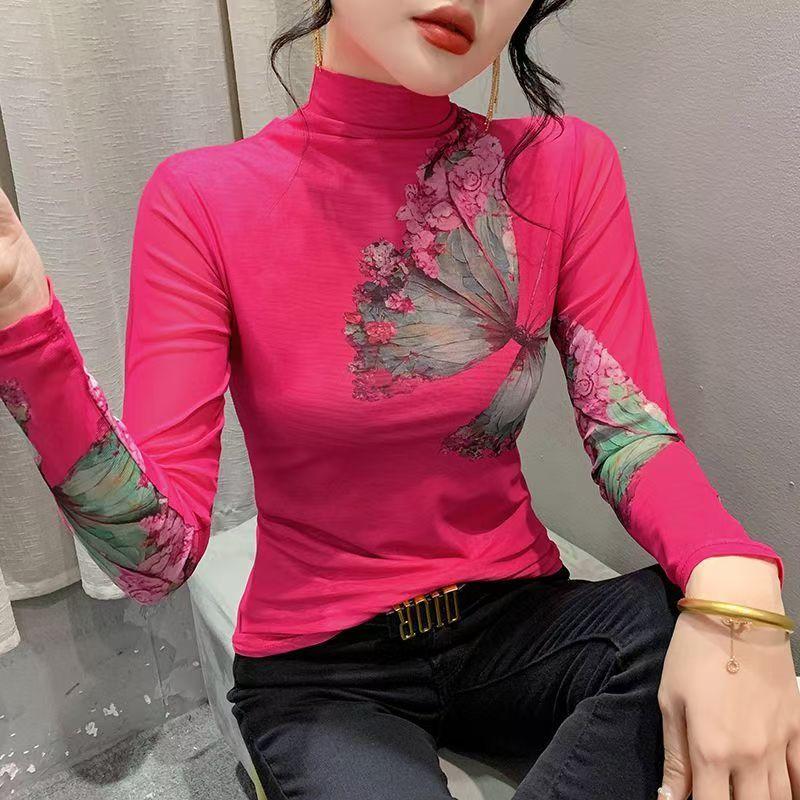 Mesh Temperament Bottoming New Fashion Women's Long-sleeved Printed High-neck T-shirt Top Slim
