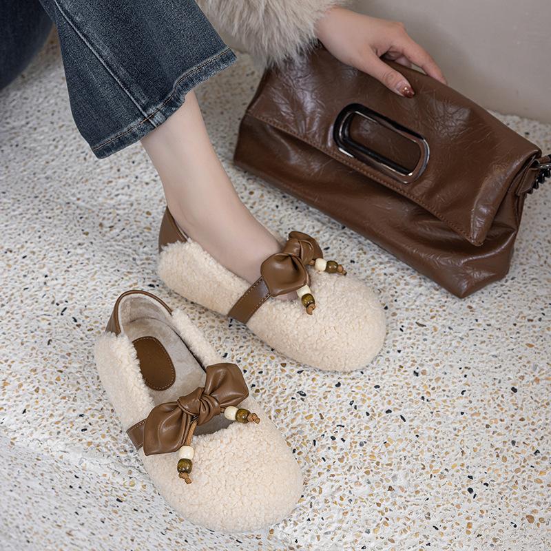 Fleece Lined Mary Jane Shoes Women's Autumn Winter New Style Red Trendy Slip-On Plush Cotton Shoes with Bow Tie Warmth