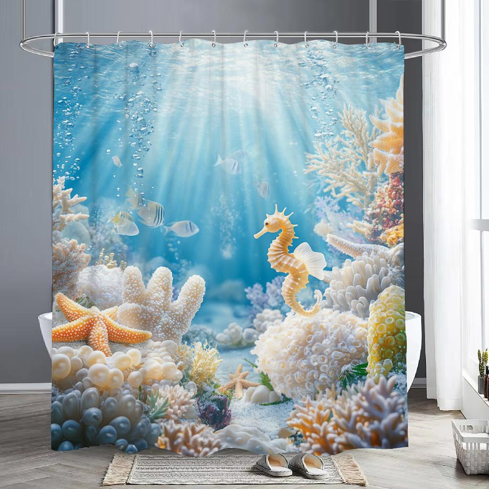 

1Pc Beach Shower Curtain Shell Starfish Ocean Scenery Bathroom Decoration Printing Polyester Fabric Contains 12 Hooks W60H190(CM)-1 Pcs