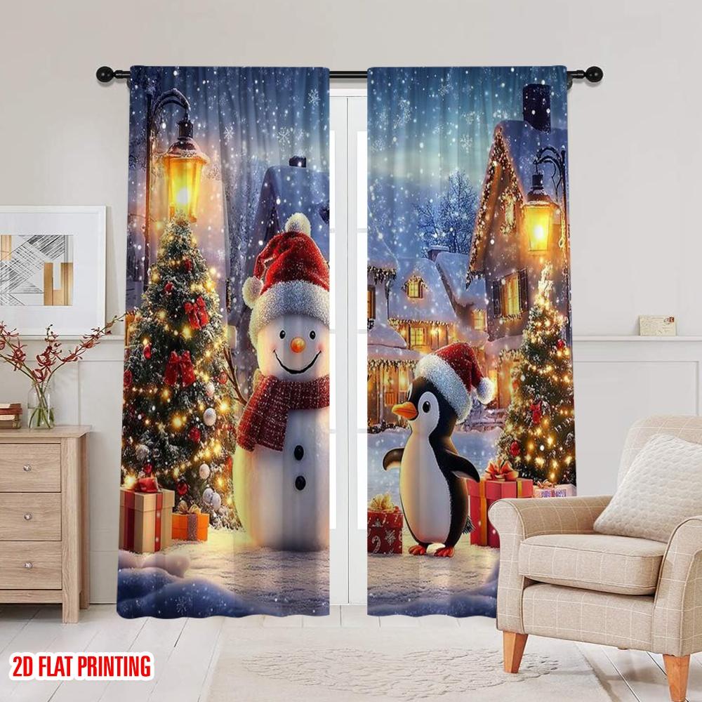 2pcs 2D flat printing Merry Christmas Curtain Festive Snow Christmas Fabric Without Electricity Party & Holiday Decor Perfect