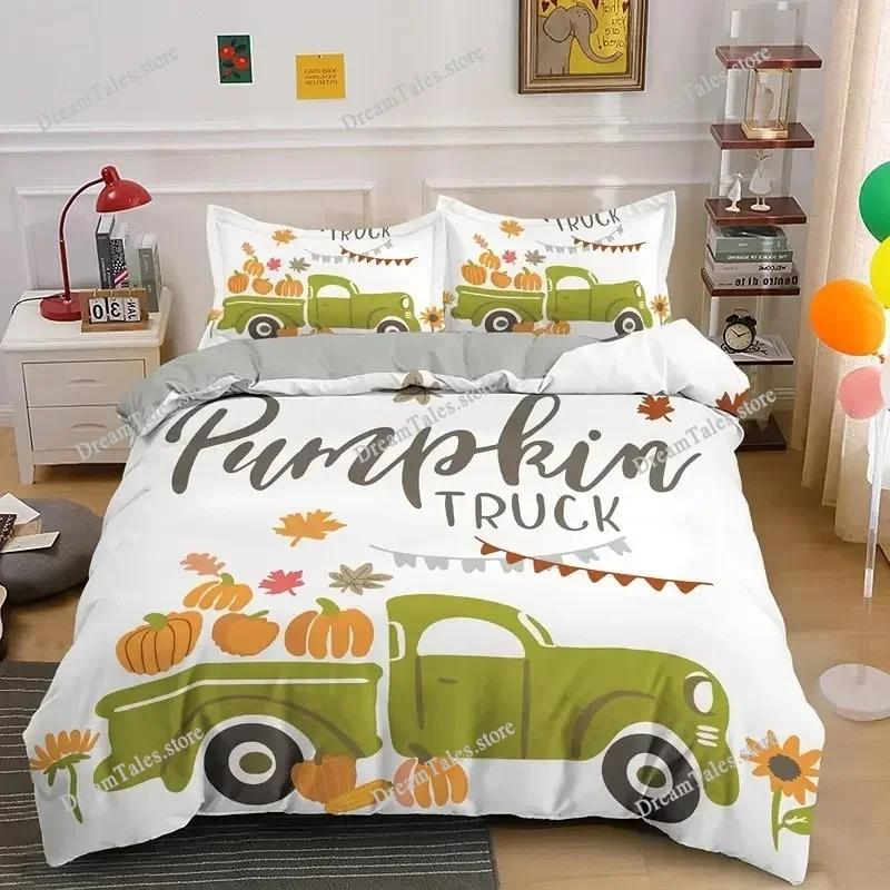 Herbst Kürbis Truck King Queen Bettbezug Happy Fall Thanksgiving Bettwäscheset Kinder Festival Geschenke Polyester Steppdecke
