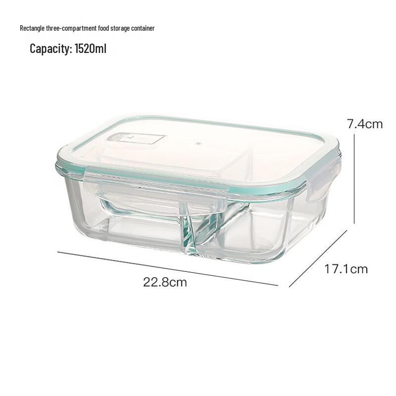 RuHan 1520ml 3-Compartment Heat-Resistant Glass Food Container