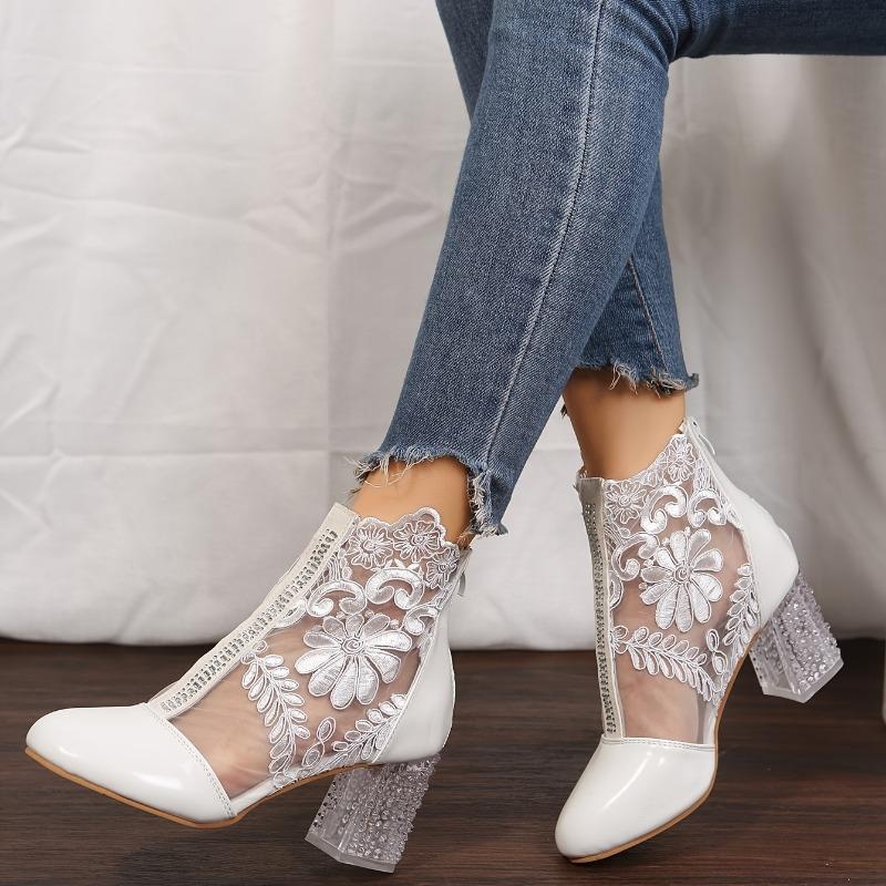 Floral Print Lace Ankle Boots - Women's Square High Heel Shoes, Round Toe, Back Zipper