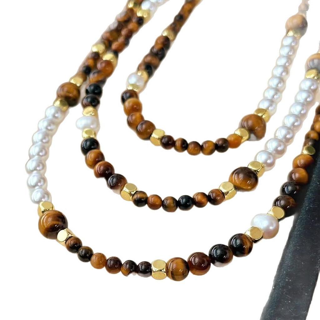 Vintage Maillard High Quality Natural Tiger'S Eye Stone Artificial Crystal Pearl Necklace Clavicle Chain
