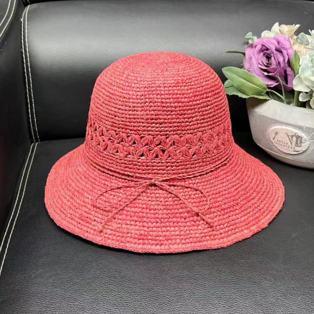 Day Single Lafite Straw Hat Women's Summer Visor Travel Embroidery Pattern Bow Bucket Hat Basin Hat Beach Hat