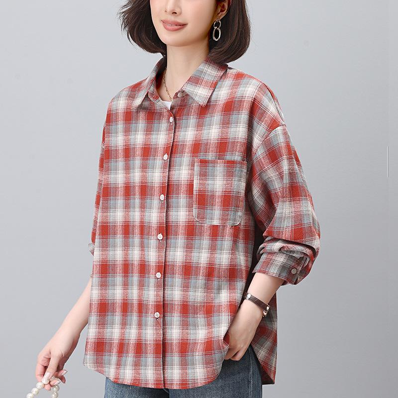 Women's Long Sleeve Pure Cotton Plaid Shirt - 2024 Autumn Mother's Blouse, Perfect for Spring and Autumn.