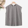 ZANZEA Women Plaid Print Casual Round Neck Sleeveless Blouse