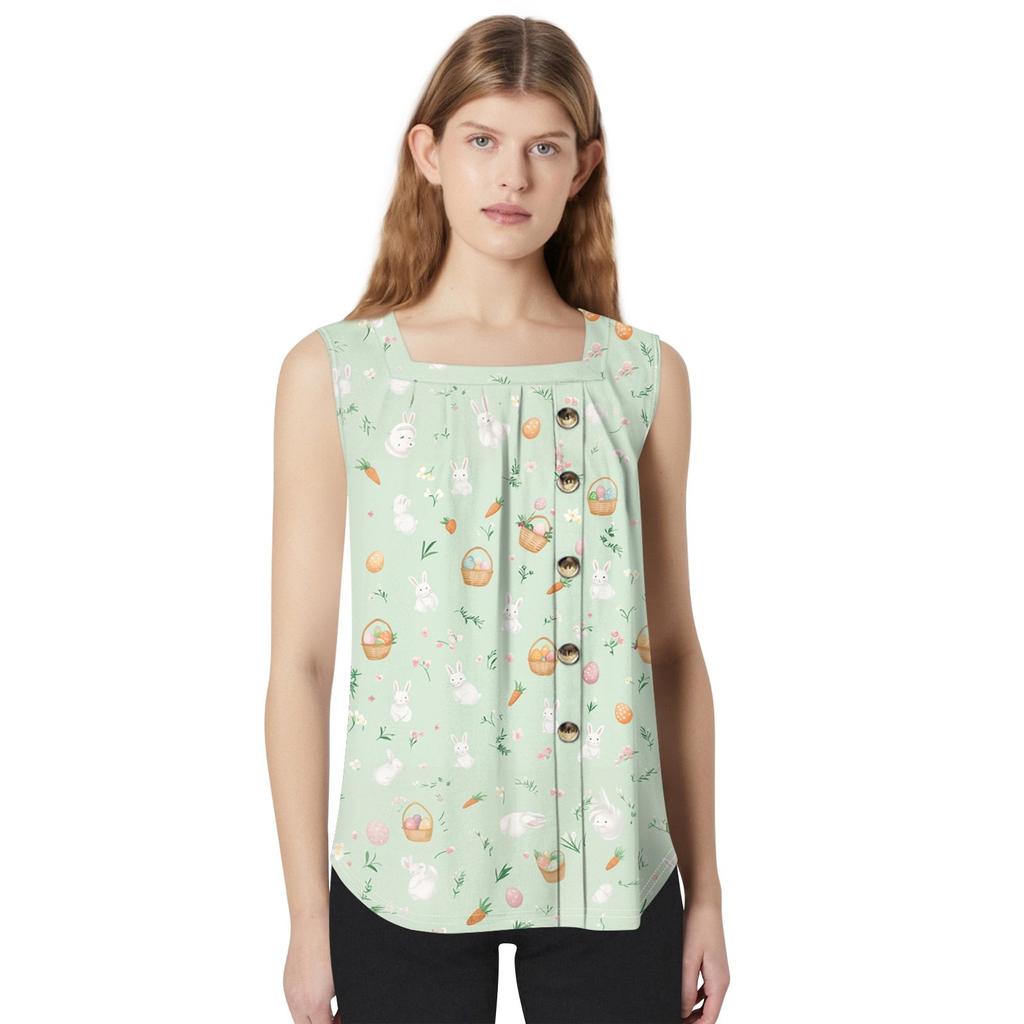 Women's Fashion Casual Basic Pleated Plain Button Square Collar Sleeveless Vest Print Summer Tank Tops