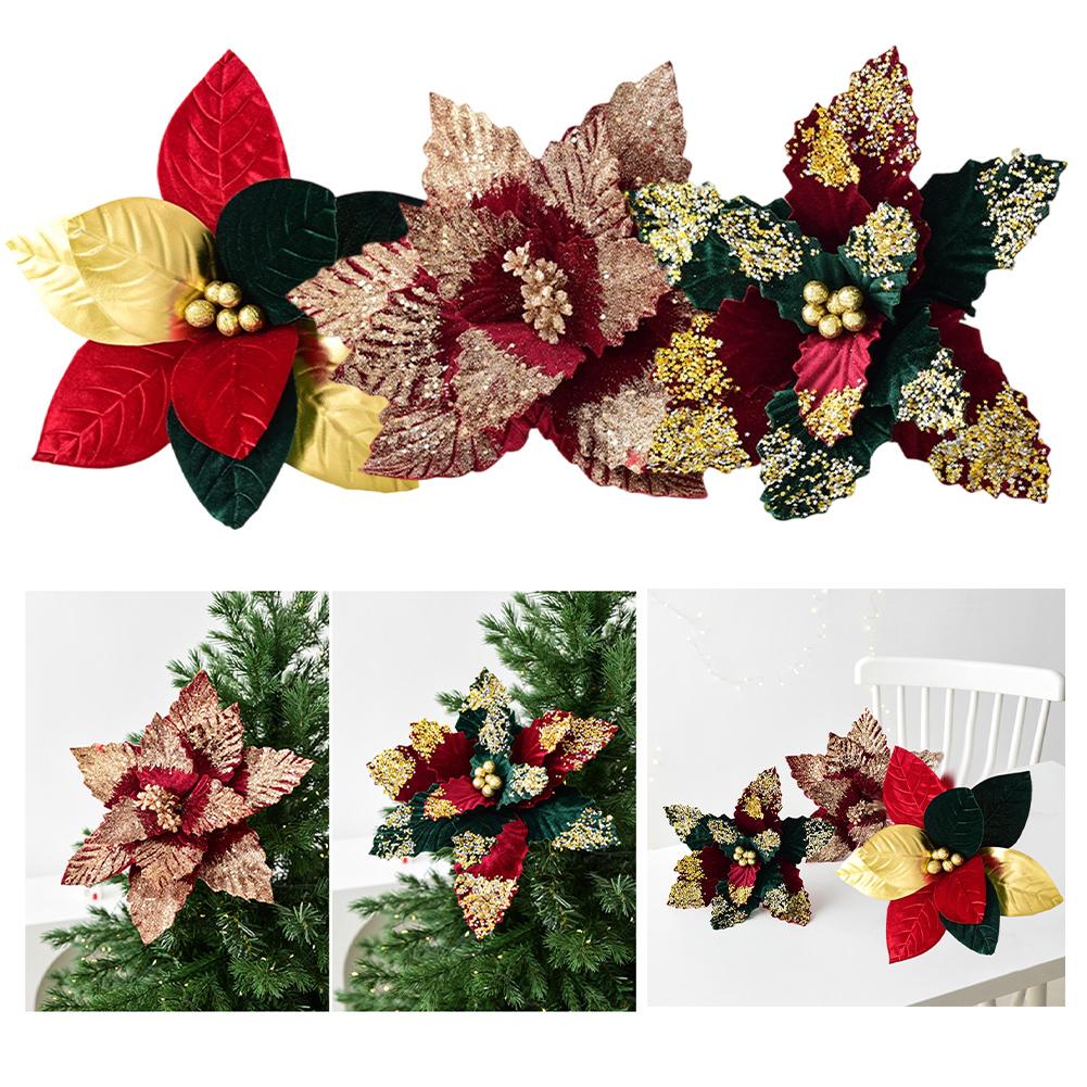 3pcs Christmas Decorative Felt Fabric Flower 30*20cm Vibrant Christmas Tree Decor Artificial Poinsettia Flowers Holiday Decor