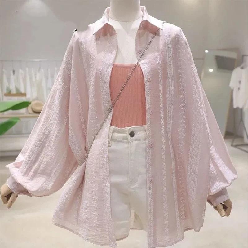Womens Pink Loose Lantern Sleeve Button Down Shirt S розовый