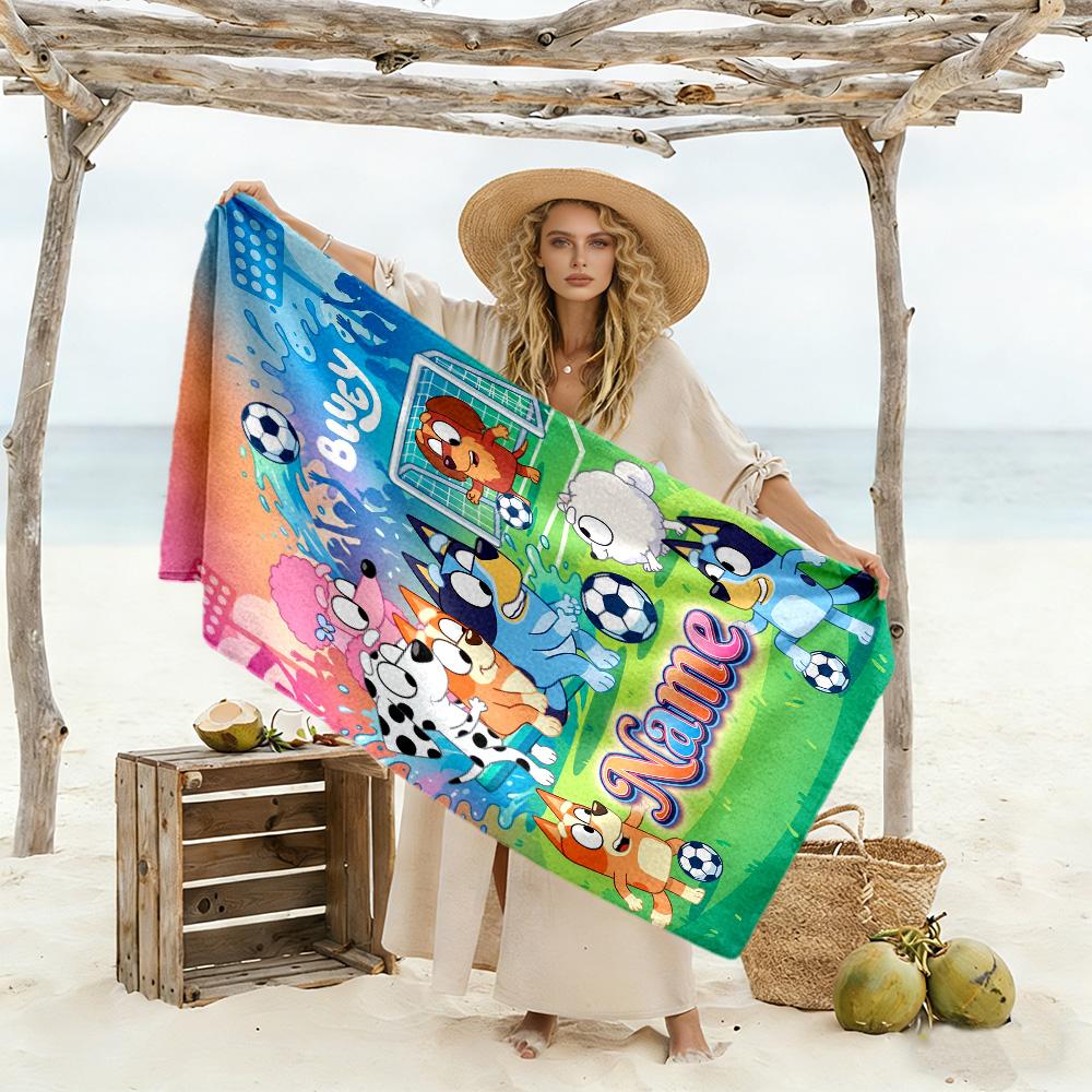 Bluey Friends Adventure Customized Name Beach Towel Quick-Dry Soft Microfiber Perfect for Traveling Yoga Camping and Swimming