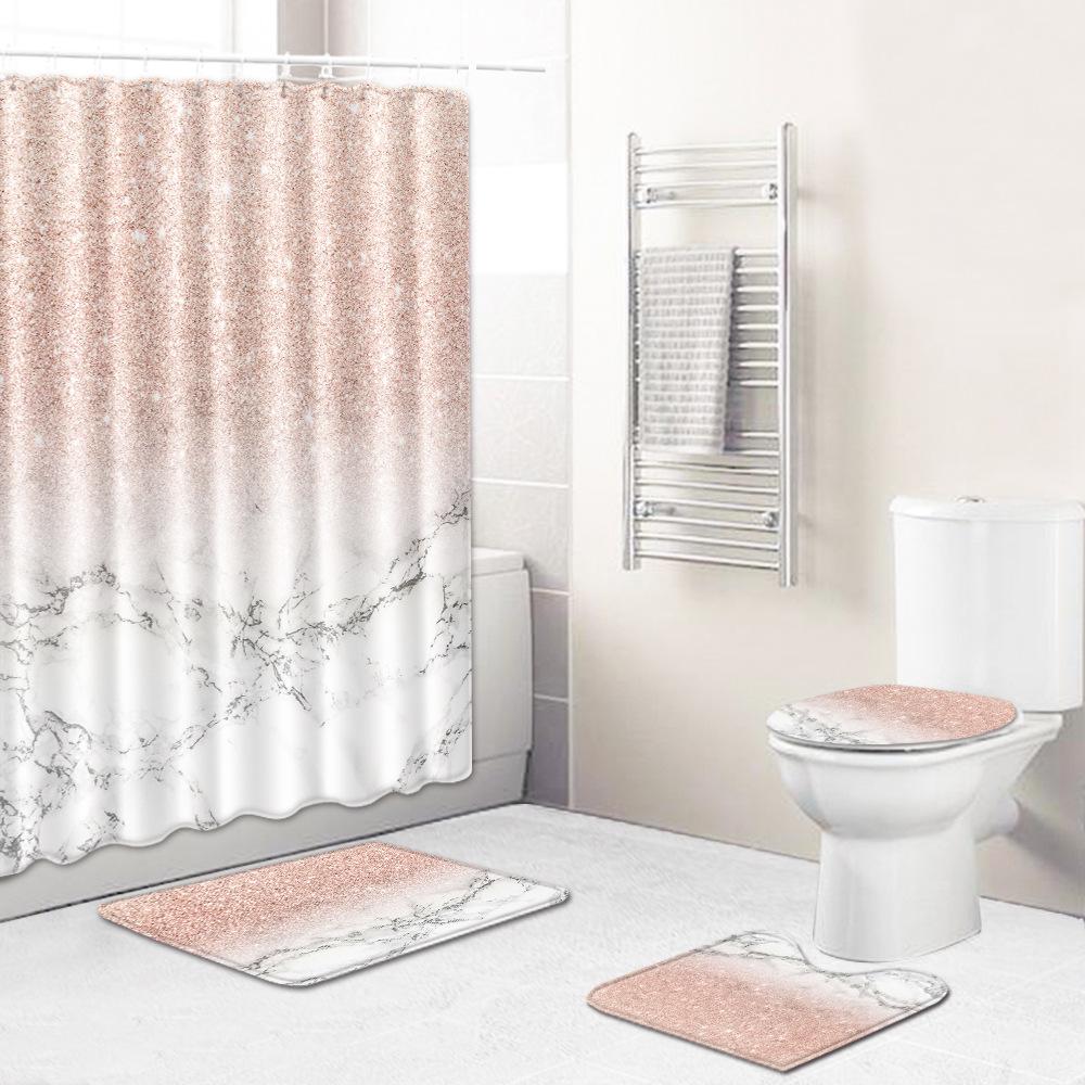 Marble Texture Printing Bathroom Non-Slip Floor Mat Shower Curtain Combination Carpet European And American Style