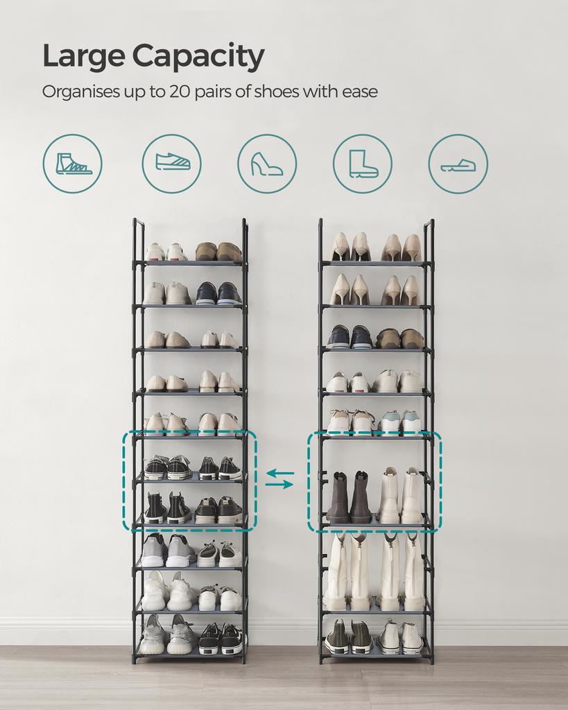 SONGMICS 10-Tier Shoe Rack, Shoe Stand, Space-Saving Shoe Storage, 45 x 28 x 173 cm, Metal Frame, Non-Woven Fabric Shelves, for Hallway, Bedroom, Grey