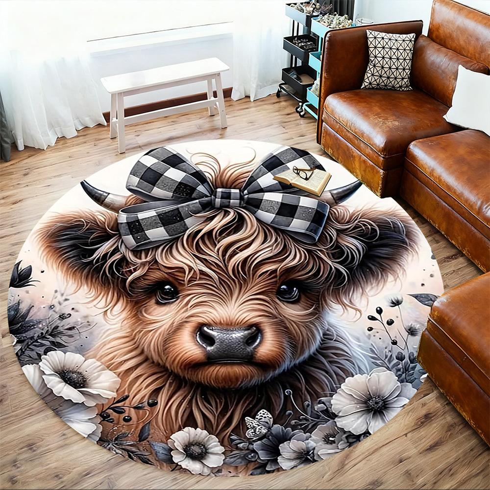 1PC Cow Bow Flowers Round Chair Mat Area Rug - Non-Slip, Floor Mat for Office, Bedroom, Home Decor Christmas Gift C0528033