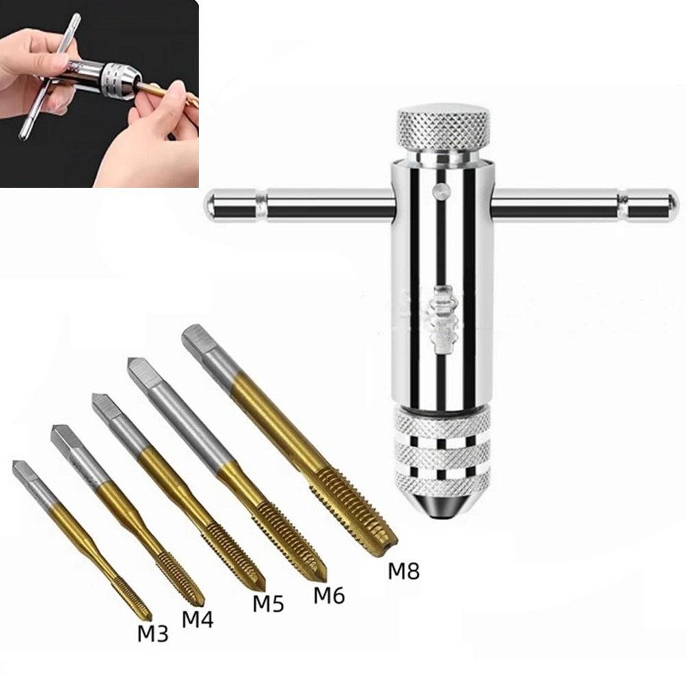 Manual 6pcs Adjustable T Handle Ratchet Tap Wrench Set with to M8 Taps Steel Holder for Precision Tapping Work