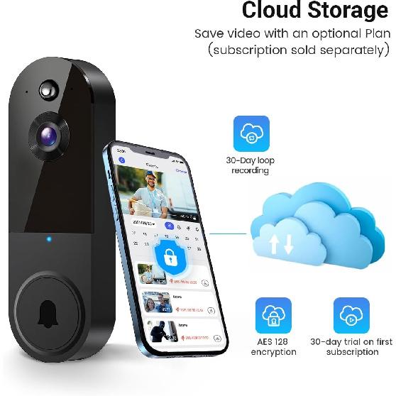 1080P Wireless Video Doorbell Camera, Night Vision, Intelligent AI Detection, Two-Way Audio, 2.4GHz Wi-Fi Support, Chime Included, Battery Powered,