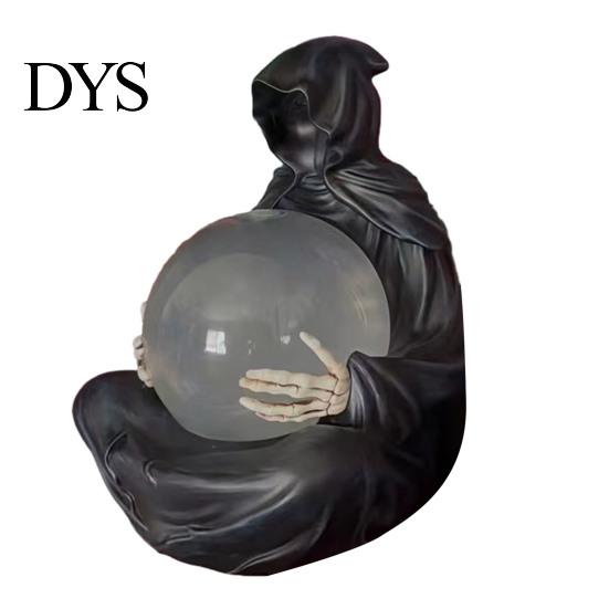 Atmospheric Night Light Faux Crystal Ball Grim Reaper Statue, Gothic Resin Black Robed Creepy Faceless Hood Sculpture with Glowing Clear Ball,