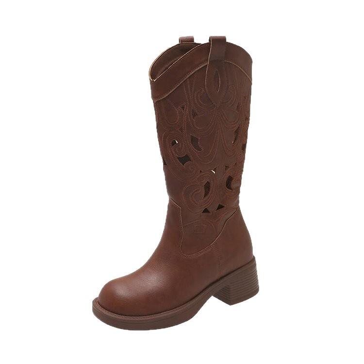 Leather hollow embroidery western cowboy boots women's 2025 new retro wind desert summer boots brown medium boots