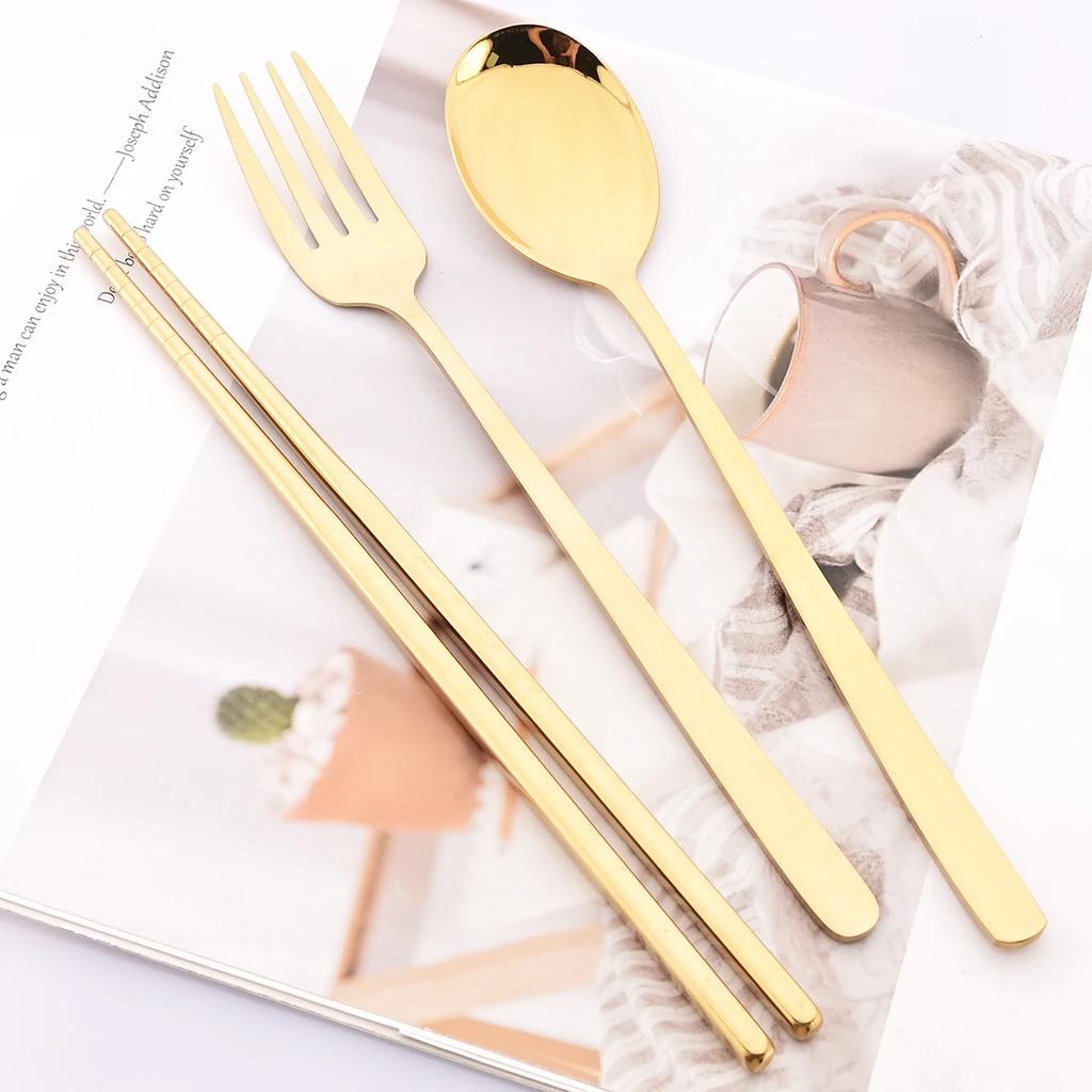 8pcs Gold Stainless Steel Cutlery Set Western Mirror Flatware Set Korean Style Spoon Chopsticks Dinnerware Set Kitchen Tableware