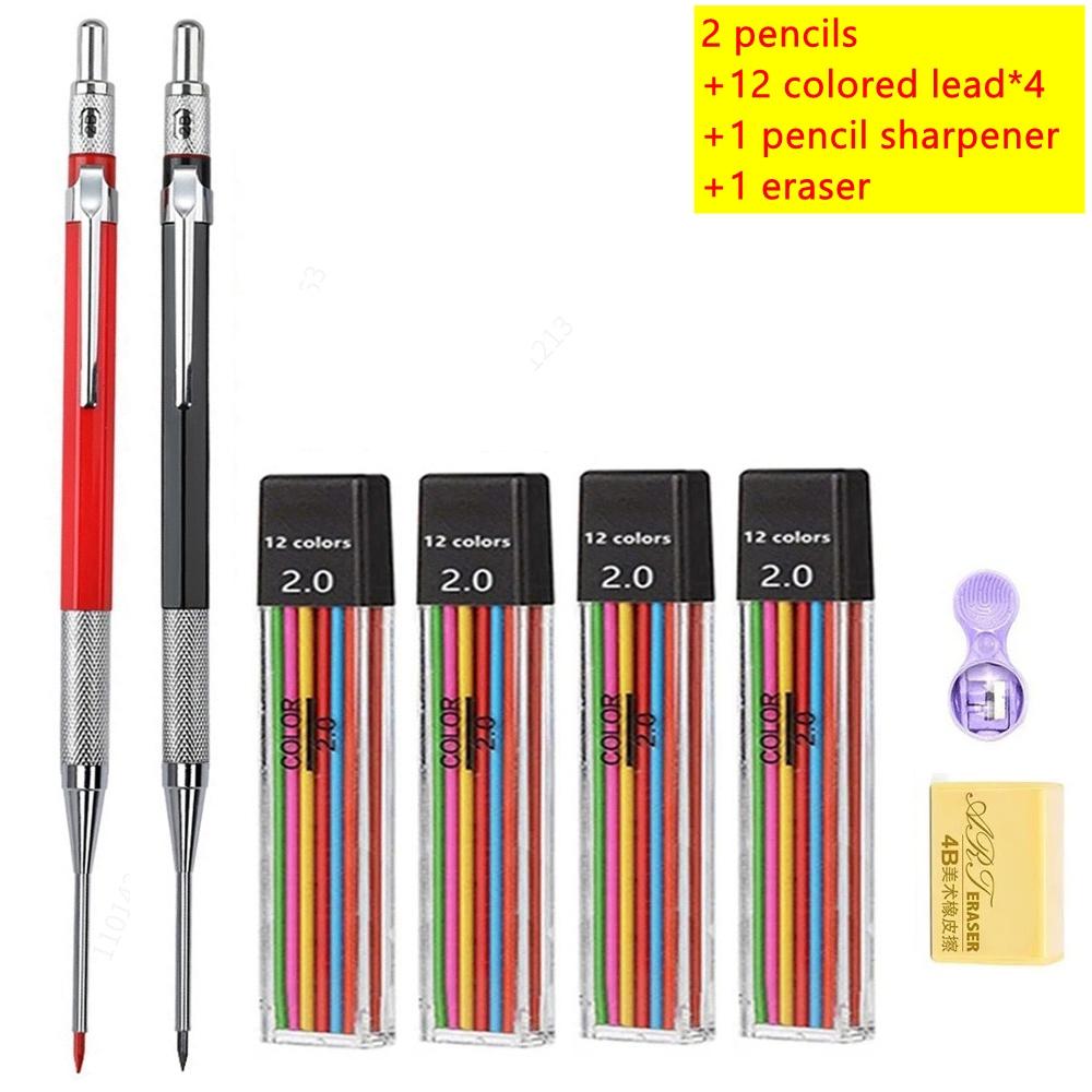 30mm Deep Hole Long Nib Mechanical Pencil Set Solid Carpenter Woodworking Tools 2.0mm 12 Colors Refill Construction Tools