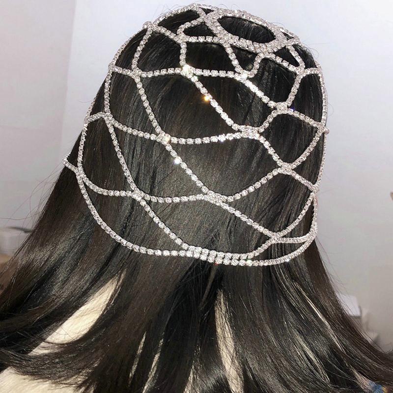1Pc Hollow Rhinestone Mesh Headpiece Wedding Head Chain Jewelry For Women Luxury Crystal Headband Head Cap Hat Hair Accessories