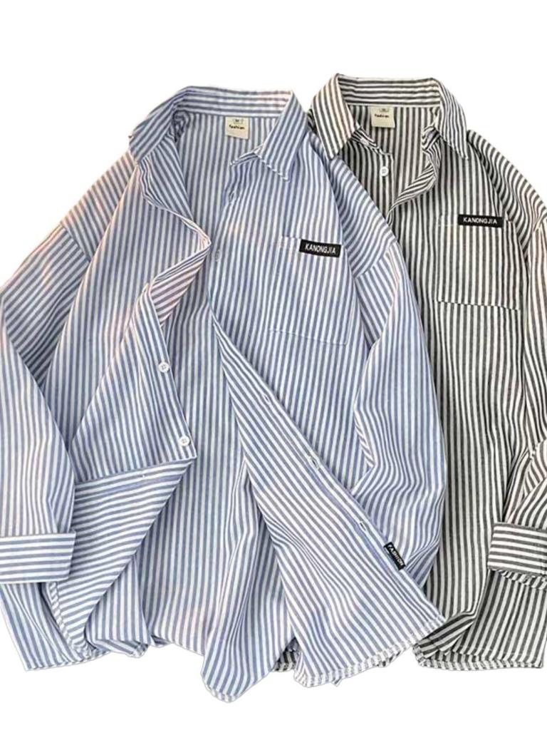Spring & Autumn Vertical Striped Long Sleeve Men's Shirt: Pique Casual Hong Kong, Korean & Japanese Yuppie Style for Teens