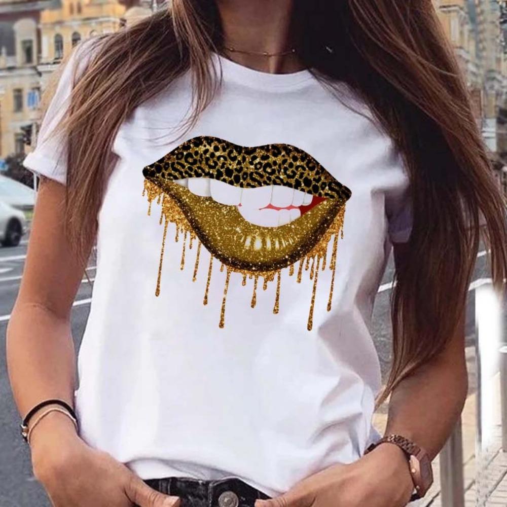 New Women Pink Lips Leopard Graphic T Shirt Casual Fahion O-neck Sexy Black Tees Kiss Lip Funny Girls Tshirt