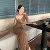 French Retro Braided Mesh Hollow Splicing Slanted Shoulder Dress Slim Dress Long Dress