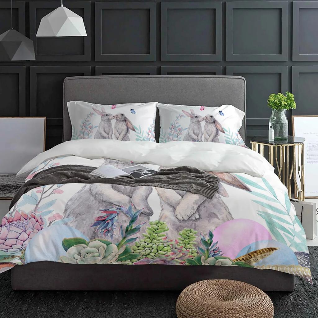 Vibrant Warm Double Quilt Easter Bunny Flower Butterfly Watercolor Rabbit 3pcs For Bed Home Textile
