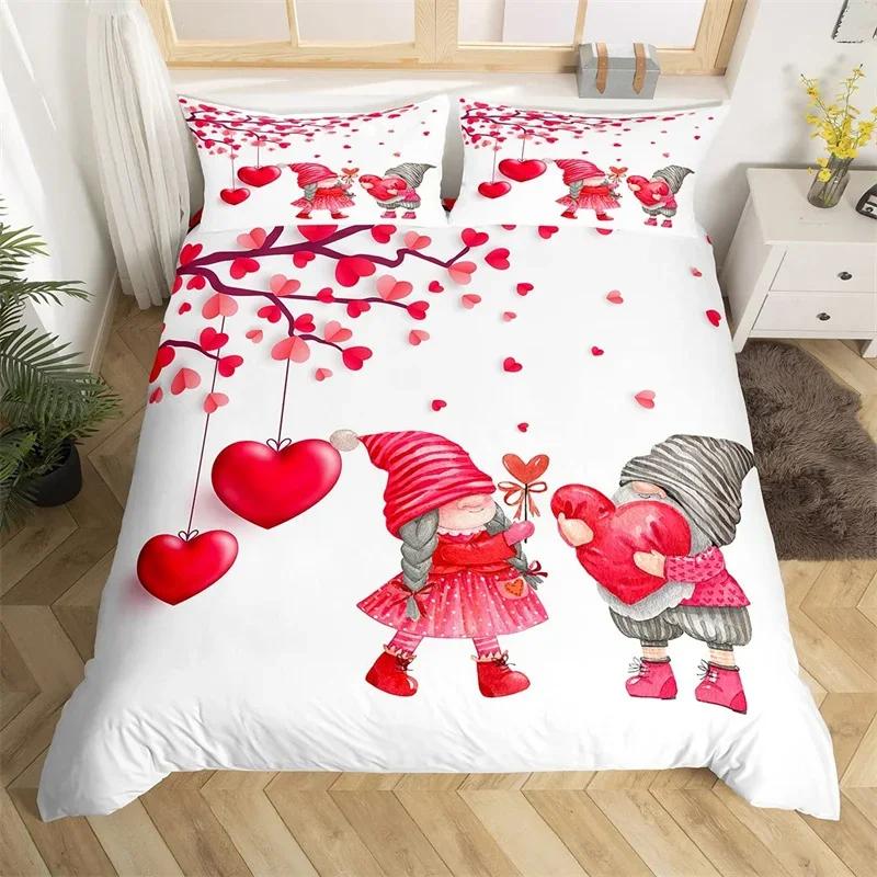Romantic Valentines Duvet Cover King Kawaii Love Heart Theme Bedding Set Patchwork Geometric Comforter Cover Red Gnome Bed Sets